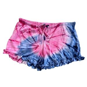 Just Love Womens Tie Dye Loungewear PJ Shorts Pink Blue Ruffle Hem Cotton Large